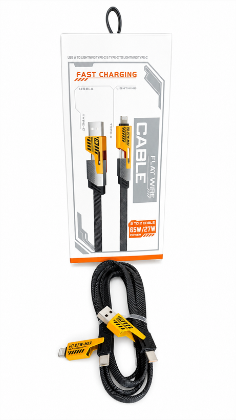 کابل شارژ سریع ۲ به ۲ USB-A/Type-C به Type-C/Lightning مدل Flat Wire با توان 65W/27W